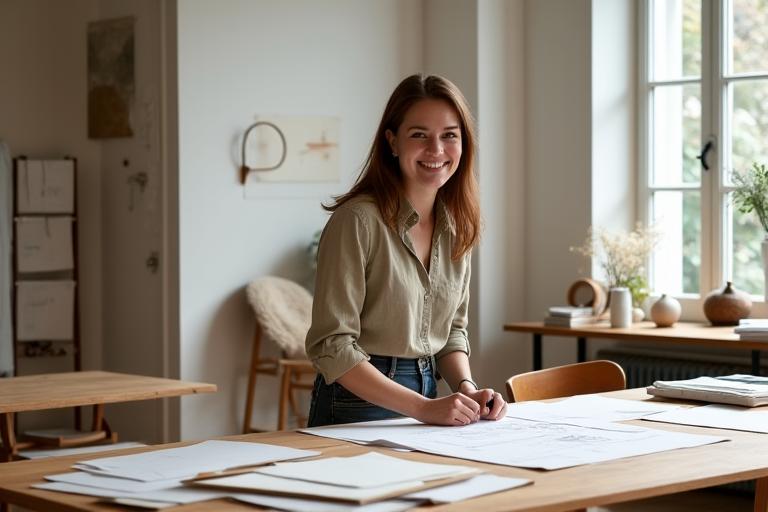 Kilde Kunst grunnlegger i et elegant studio, omgitt av skandinavisk designmøbler.