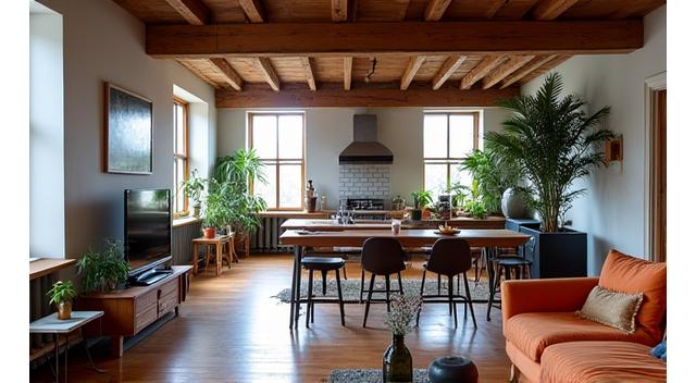 Loftsleilighet med industriell design i Oslo, synlige bjelker og åpne rom.
